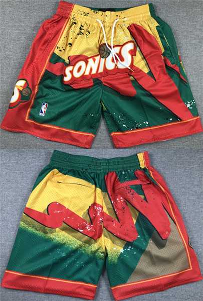 Men%27s Oklahoma City Thunder Green Yellow Red SuperSonics Shorts (Run Smaller)1->nba shorts->NBA Jersey